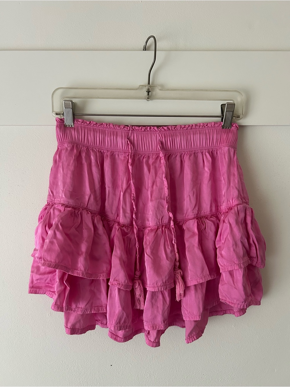 Aerie Pink Tiered Ruffle Mini Skirt with Tassels